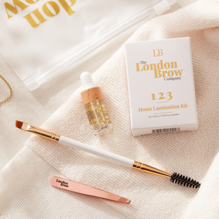 At-home brow lamination kit with everything needed for one professional-looking treatment. Includes aftercare, tools, and is vegan, natural, UK-made.