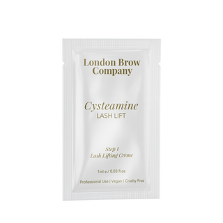 White sachet with 'London Brow Company' branding on a white background