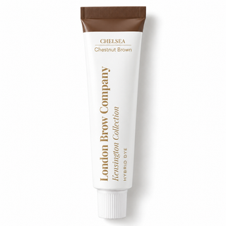 A squeeze tube of London Brow Company Kensington Collection Hybrid Dye in Chestnut Brown, featuring a white body, brown cap, and brown text, set against a clean white background with a soft shadow.