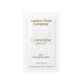 Packaging of London Brow Company Cysteamine Lash Lift Neutralising Lotion on a white background