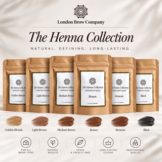 Six stand-up pouches of London Brow Company 'The Henna Collection' brow capsules are displayed against a cream satin background, showing shades from Golden Blonde to Black. Below the products are corresponding brown hair swatches and icons indicating key benefits.
