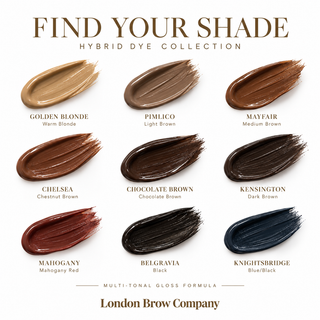 A shade chart for the London Brow Company Hybrid Dye Collection, showing nine glossy brow swatches arranged in a 3x3 grid with names ranging from blonde and light brown to dark brown, mahogany, black, and blue-black.