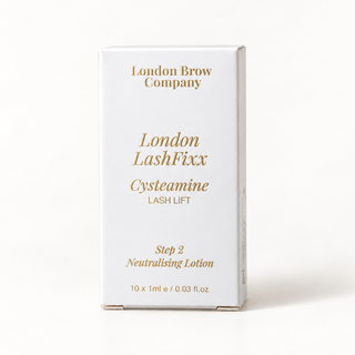 A white rectangular product box for London Brow Company London LashFixx Cysteamine Lash Lift, Step 2 Neutralising Lotion, with gold text on a clean white background.