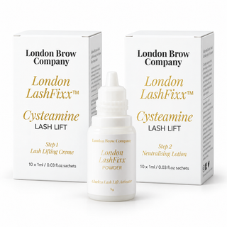 London LashFixx Cysteamine Lash Lift kit by London Brow Company, featuring two white boxes and a white dropper bottle with gold and black text on a clean white background.