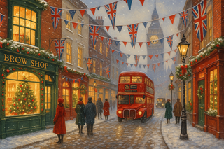 Painting of a snowy street scene with a red double-decker bus, people in coats, and British flags.