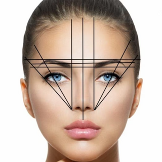 A face with geometric lines indicating brow and lash growth directions.