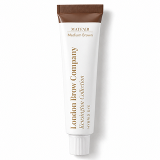 A squeeze tube of London Brow Company Kensington Collection Hybrid Dye in Medium Brown, shown on a clean white background with a soft shadow.