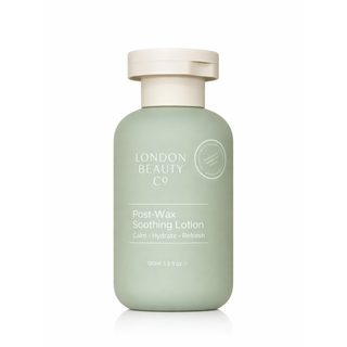 Green bottle of London Beauty Co. Post-Wax Soothing Lotion on a white background
