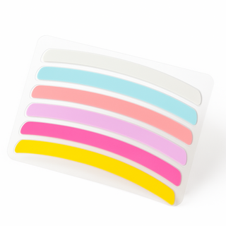 Rainbow silicone lash lift ribbons – 6 vibrant colours per strip. Soft, flexible, and reusable lash ribbons for professional lash lift treatments.