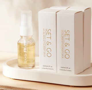 Set & Go skincare serum bottle and packaging on a wooden surface