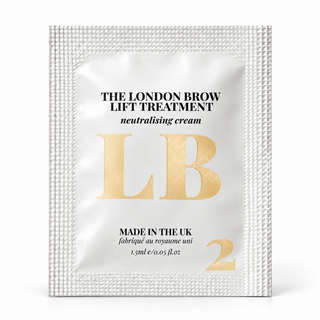 A single white and gold packet of 'The London Brow Lift Treatment' neutralising cream, featuring a textured border and large gold 'LB' lettering, on a clean white background.