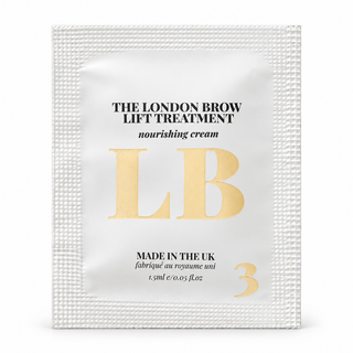 A single white cosmetic sachet for 'The London Brow Lift Treatment Nourishing Cream' by LB, featuring gold foil 'LB' lettering and black text on a clean white background.