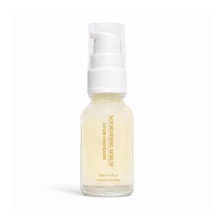 London Brow step 3 nourishing serum bottle with pump on a white background
