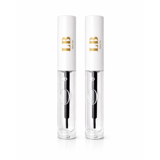 Two clear gloss tubes with gold london brow logos on a white background showing brow and lash lifitng glue