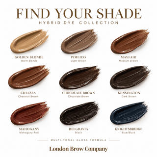 London Brow Hybrid Brow Dye shade chart showing nine professional brow dye shades