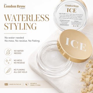 London Brow Company ICE styling product with gold lid on a light background