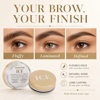 Advertisement for eyebrow product showing different brow styles and product packaging.