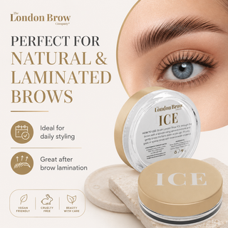 Cosmetic product for eyebrows with branding and text on a neutral background