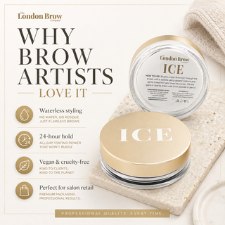 The London Brow ICE brow product with text highlighting features on a light background