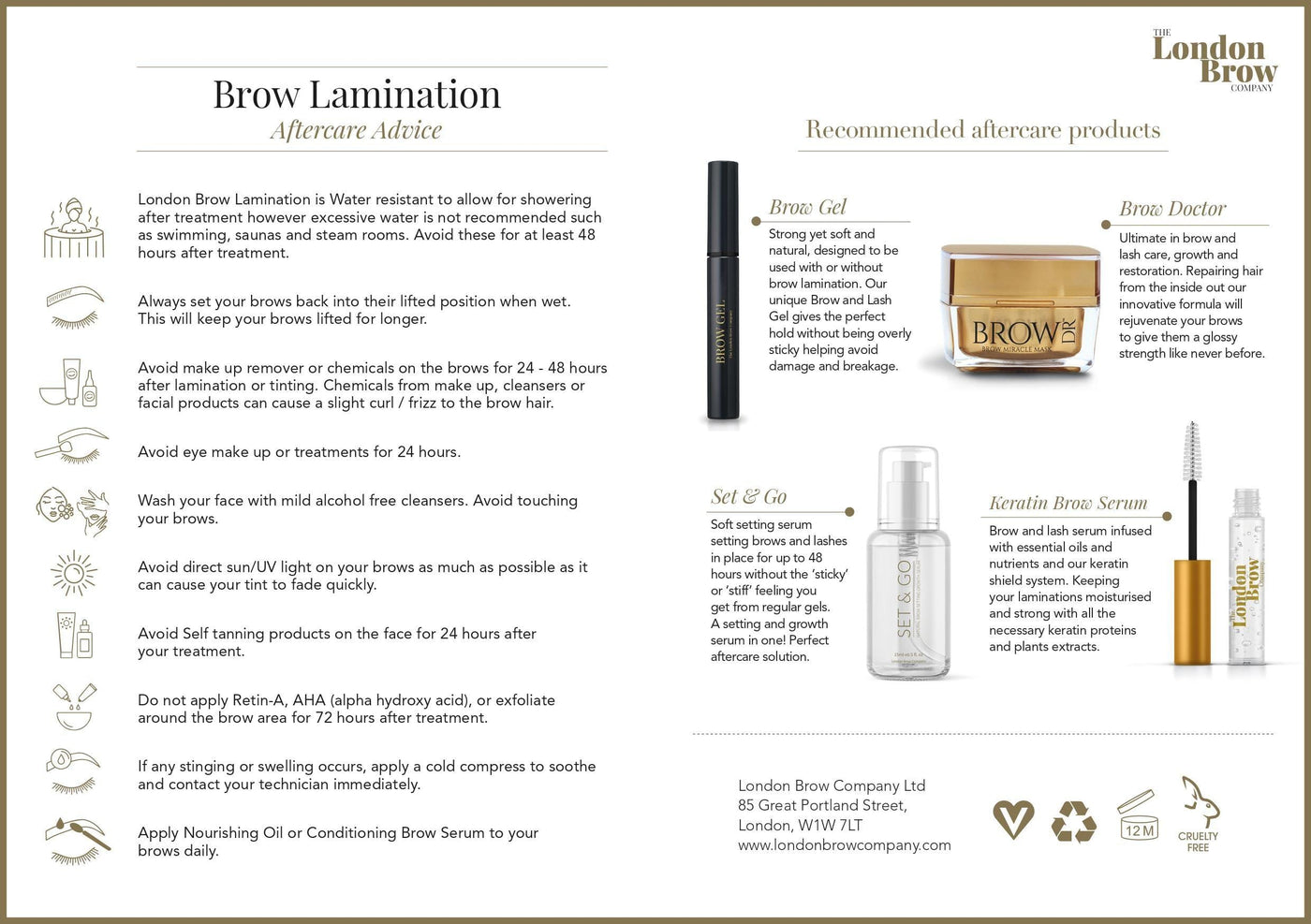 London Brow Lamination Client Aftercare Instruction Leaflet - The London Brow Company
